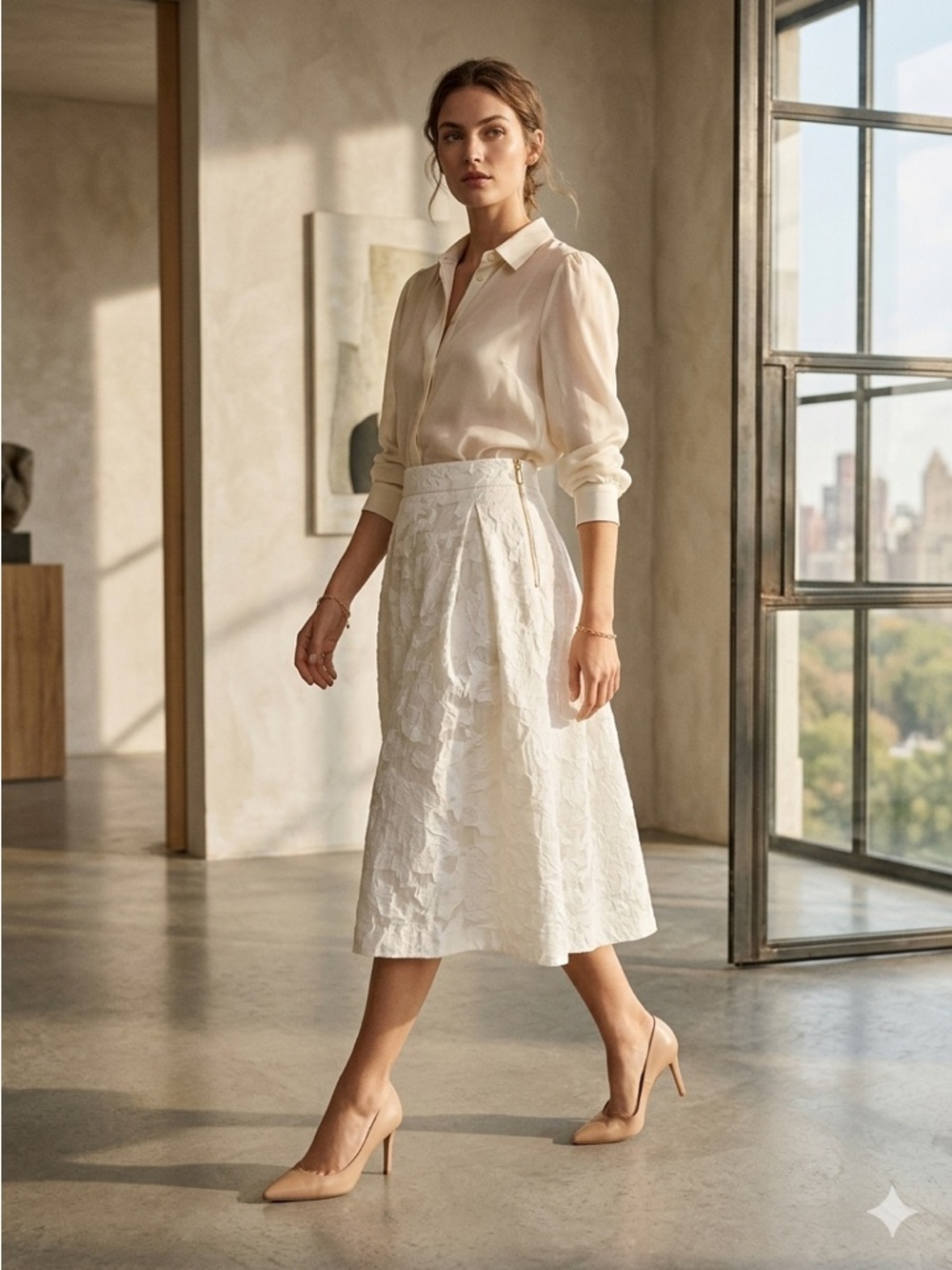 H&M White Floral Jacquard A-Line Midi Skirt – Size 6 – Gold Hardware